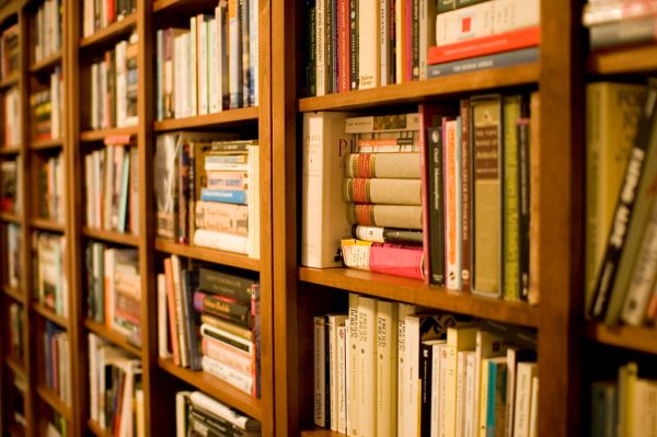 A cozy home library with shelves full of books